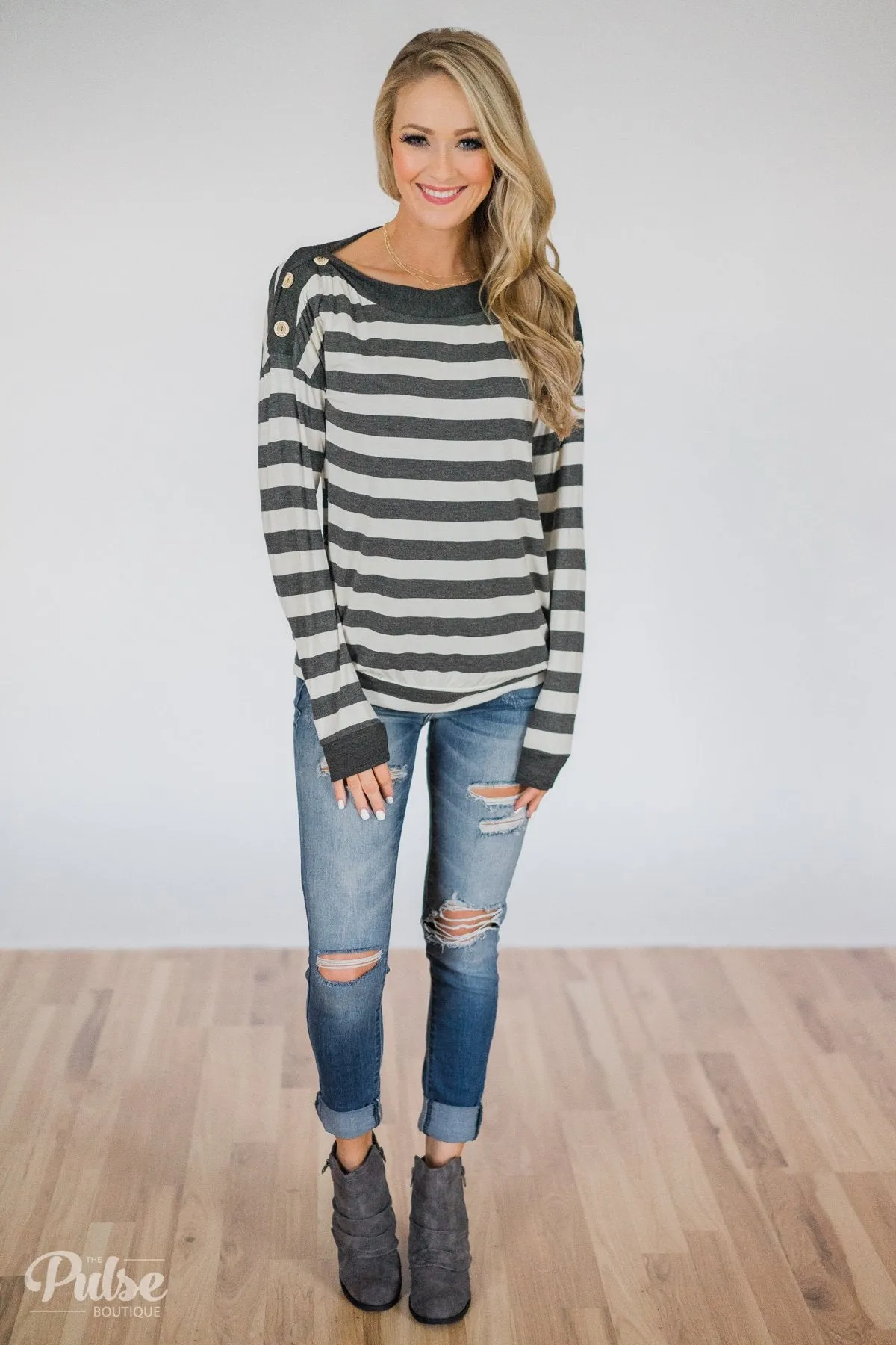 Cute As A Button Striped Top- Charcoal & Ivory