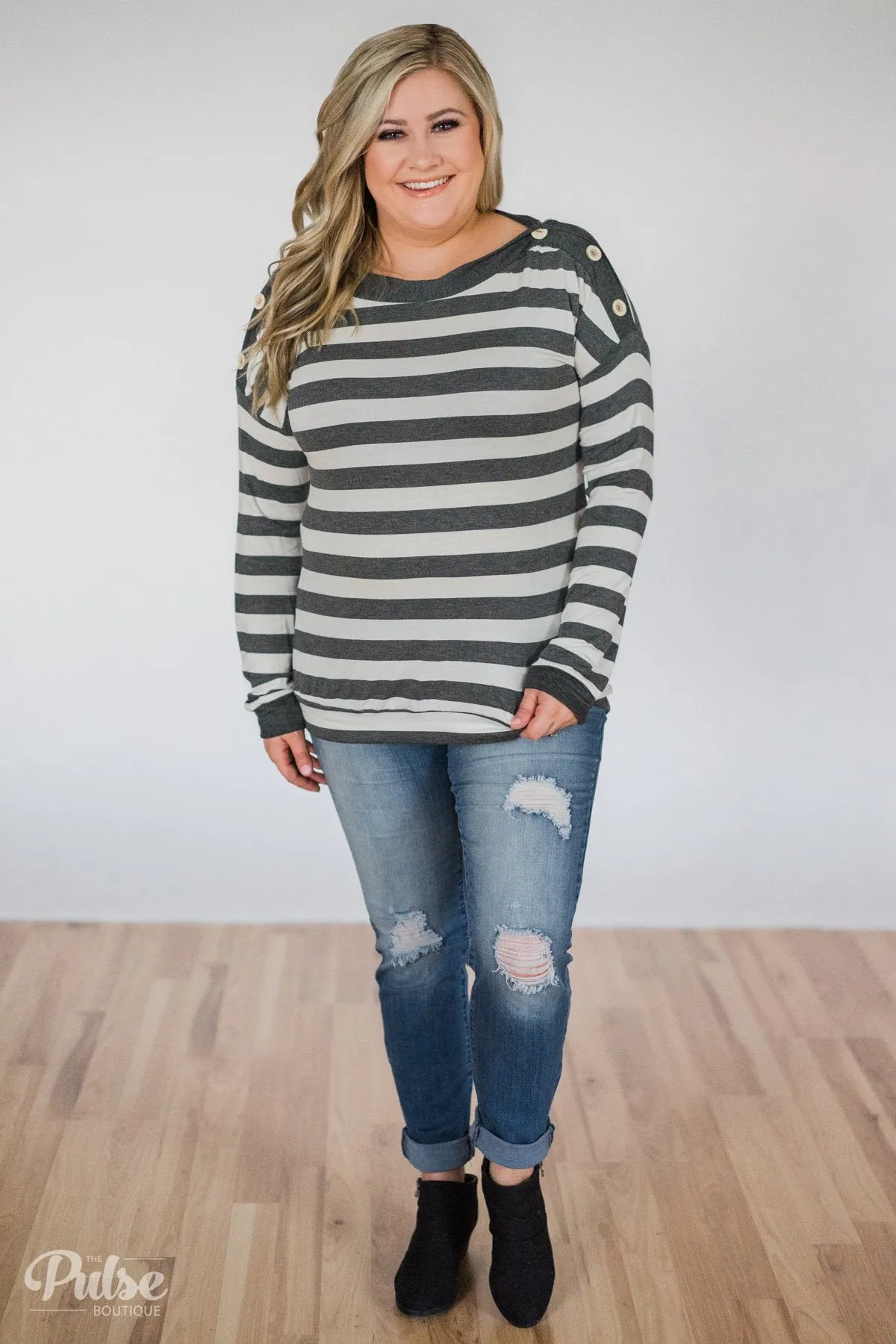 Cute As A Button Striped Top- Charcoal & Ivory