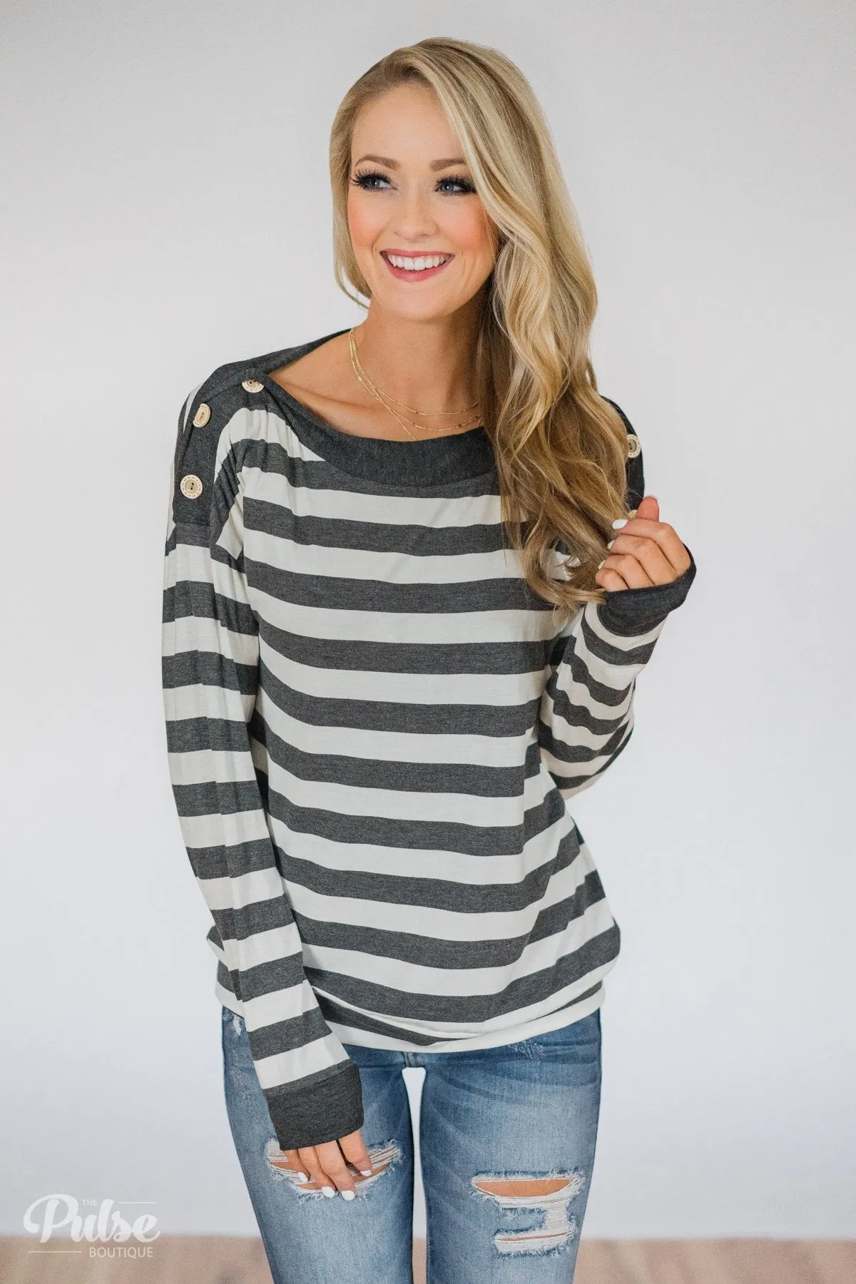 Cute As A Button Striped Top- Charcoal & Ivory