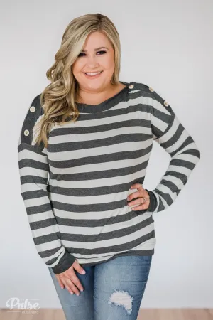 Cute As A Button Striped Top- Charcoal & Ivory