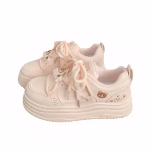 Cute Bear Platform Sneakers for Women 2025 Spring PU Leather Casual Shoes