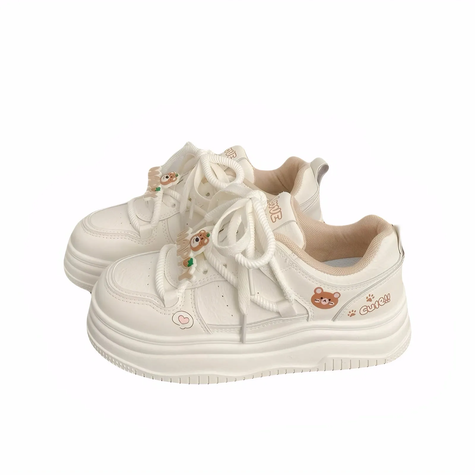 Cute Bear Platform Sneakers for Women 2025 Spring PU Leather Casual Shoes