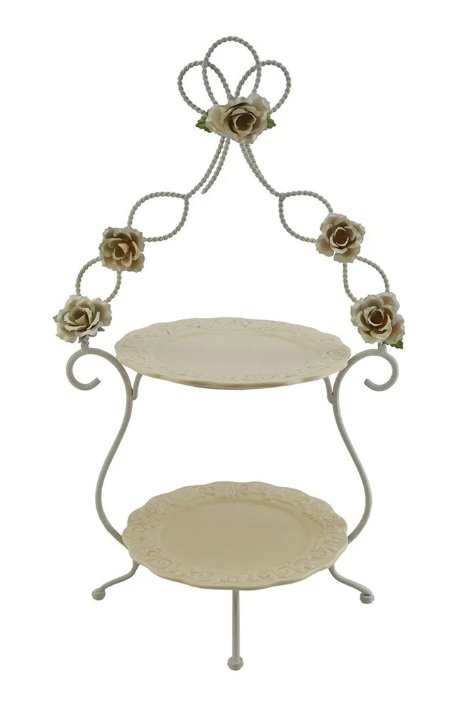 (D) 2-Tiered English Country Style Serving Platter Stand 21 x 12 Inches