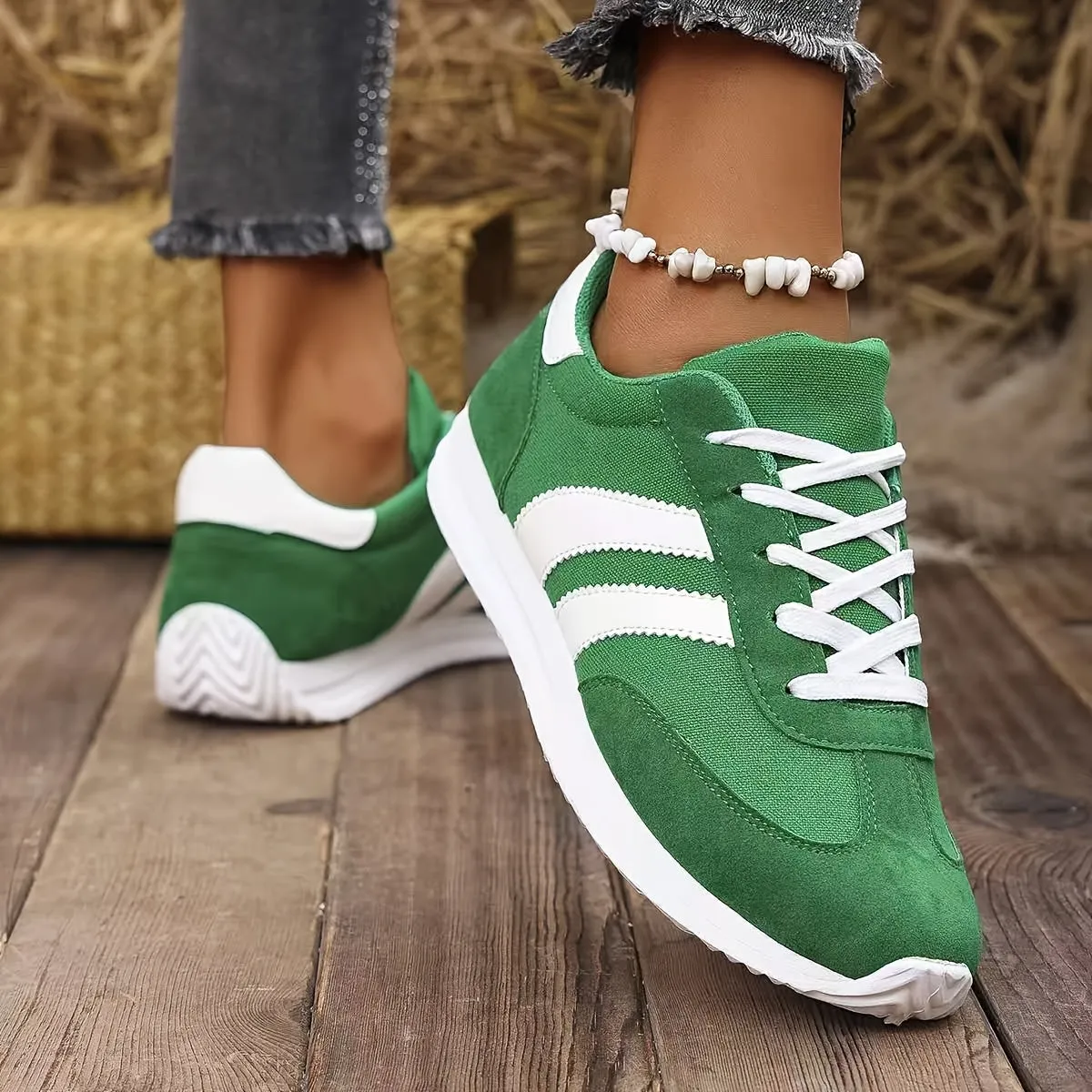 Dames Klassieke Mode Comfortabele Casual Veterschoenen Lichtgewicht Antislip Preppy Stijl Atletische Sneakers Met Geometrisch Patroon, Stoffen Bovenste Laag, Vulling, EVA Zool En Textielzool