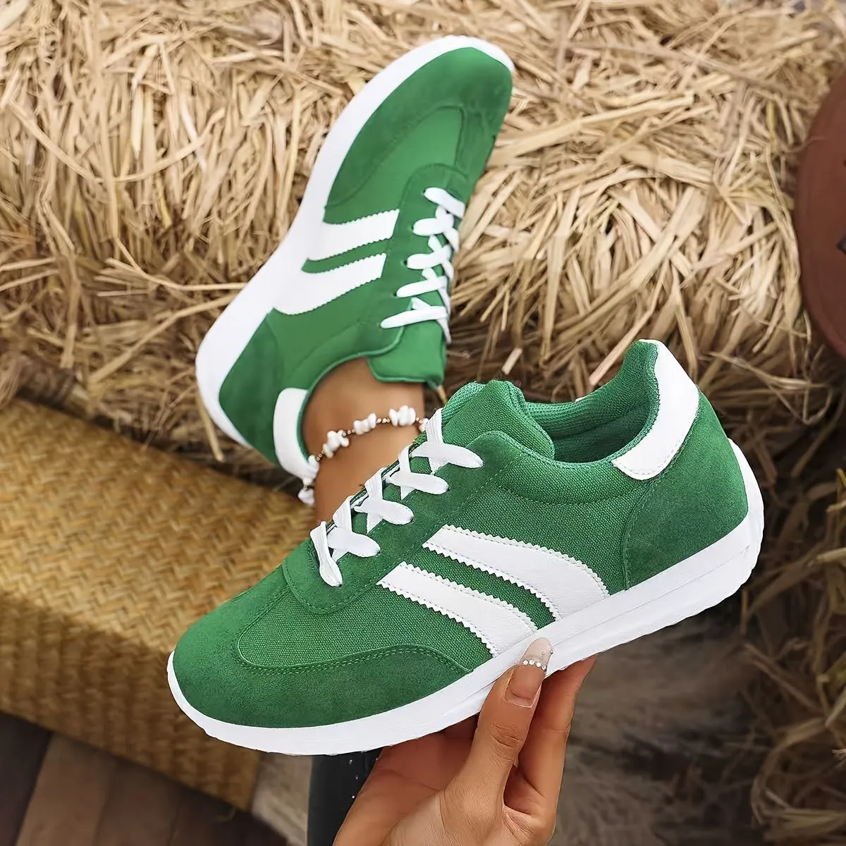 Dames Klassieke Mode Comfortabele Casual Veterschoenen Lichtgewicht Antislip Preppy Stijl Atletische Sneakers Met Geometrisch Patroon, Stoffen Bovenste Laag, Vulling, EVA Zool En Textielzool