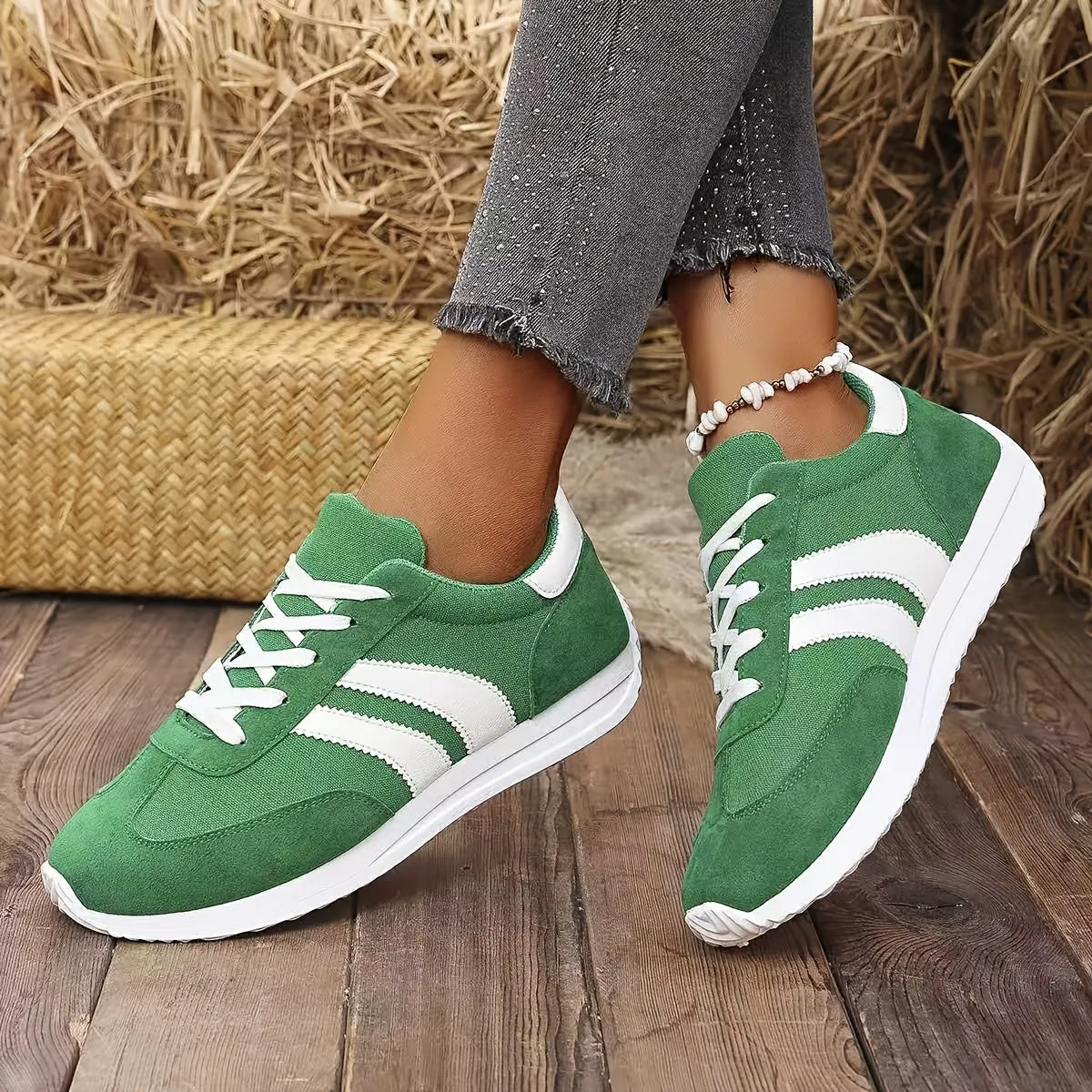 Dames Klassieke Mode Comfortabele Casual Veterschoenen Lichtgewicht Antislip Preppy Stijl Atletische Sneakers Met Geometrisch Patroon, Stoffen Bovenste Laag, Vulling, EVA Zool En Textielzool