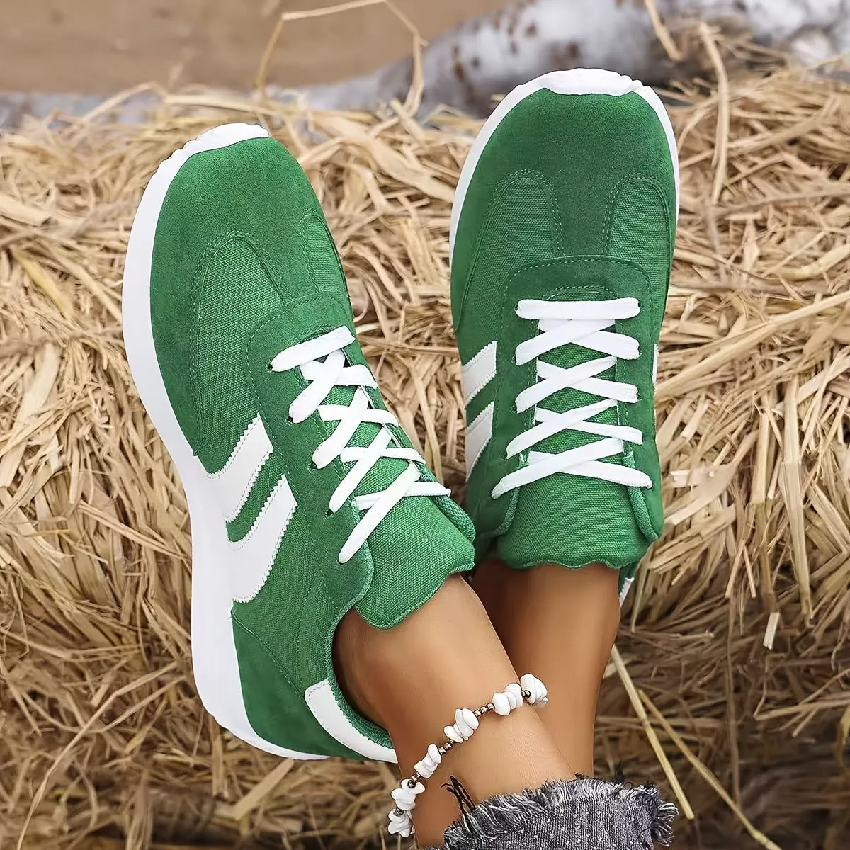 Dames Klassieke Mode Comfortabele Casual Veterschoenen Lichtgewicht Antislip Preppy Stijl Atletische Sneakers Met Geometrisch Patroon, Stoffen Bovenste Laag, Vulling, EVA Zool En Textielzool
