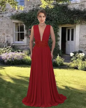 Deep Red Chiffon V-neck Floor Length Dress
