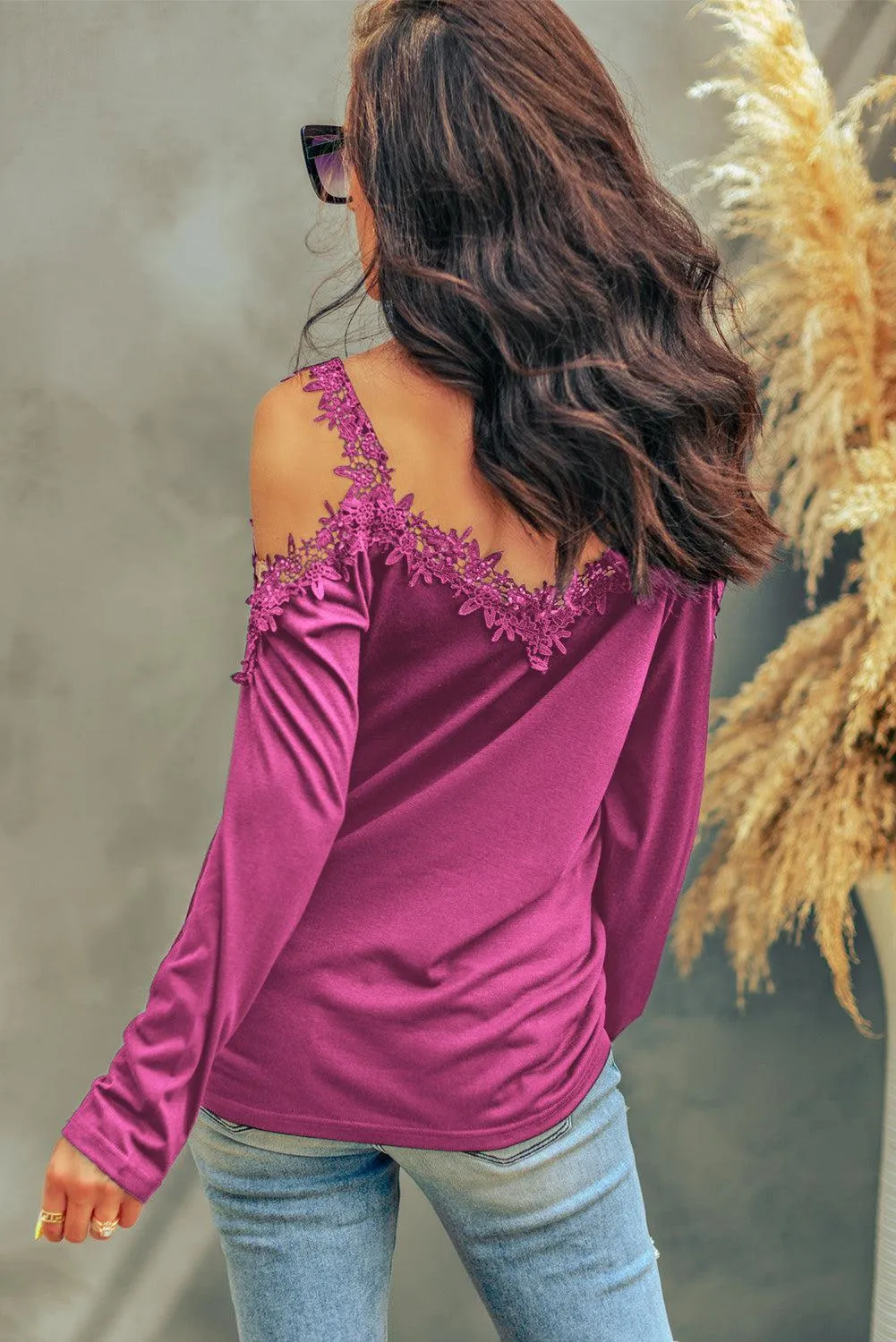 Delicate Allure Lace Detail Long Sleeve Cold Shoulder Top