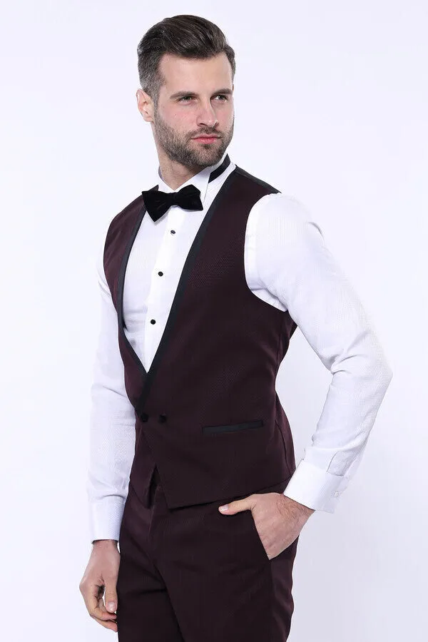 Detachable Velvet Lapel Burgundy Tuxedo - Wessi