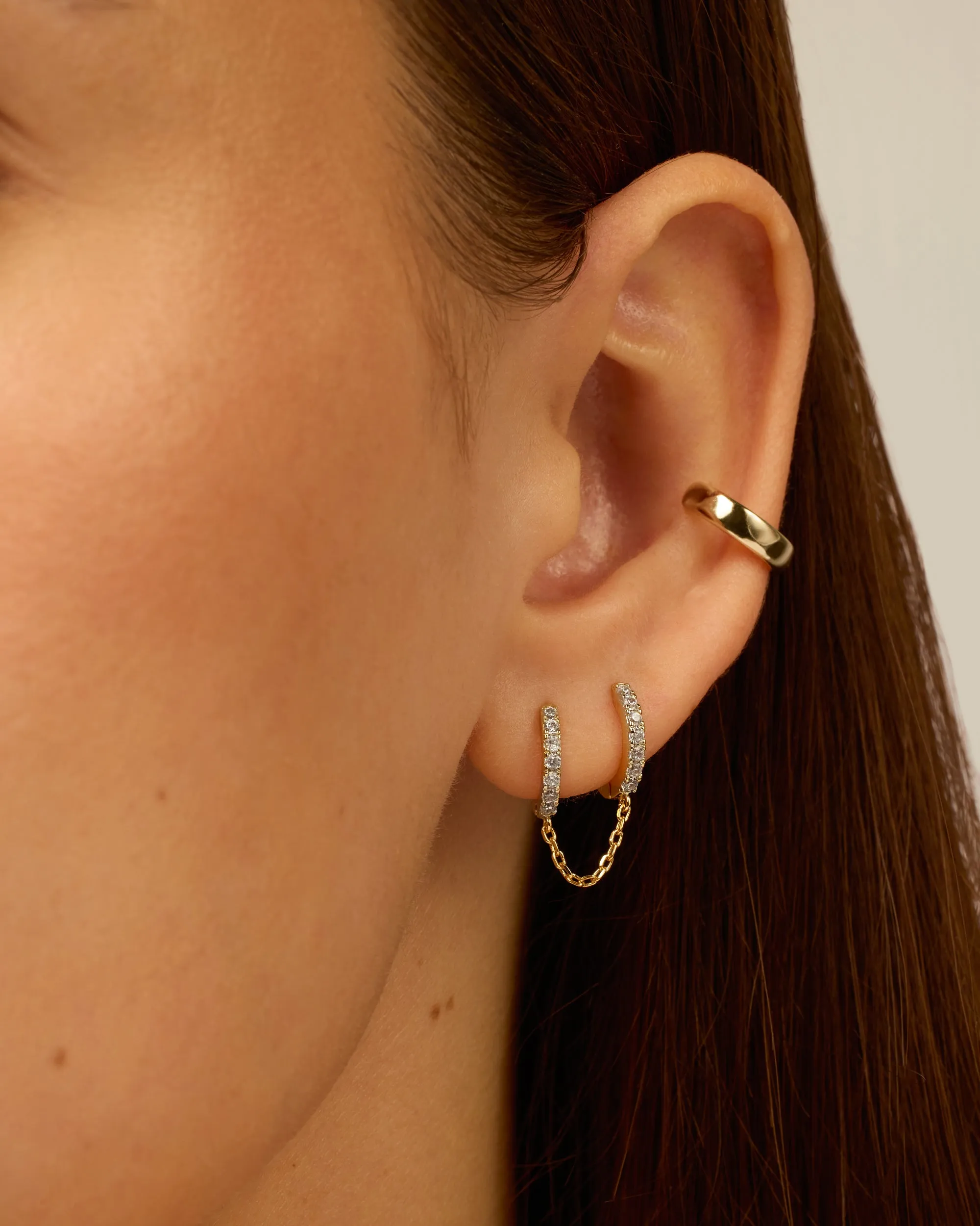Double Hoop CZ Chained Huggie Hoop