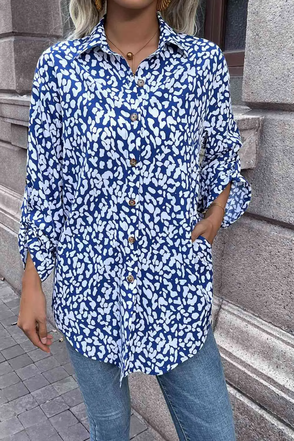 Double Take Leopard Roll-Tap Sleeve Shirt (3 Colors)