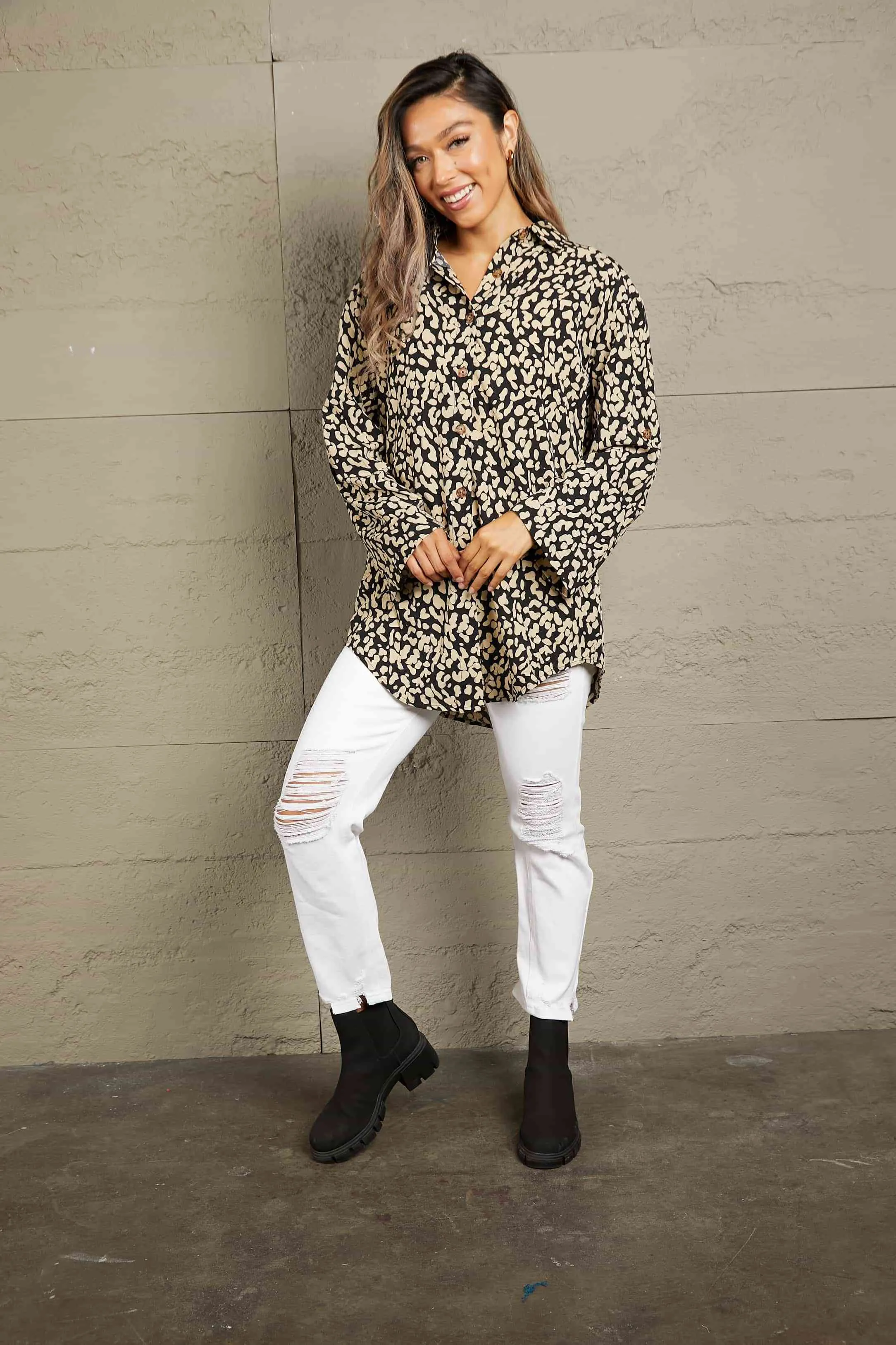 Double Take Leopard Roll-Tap Sleeve Shirt (3 Colors)