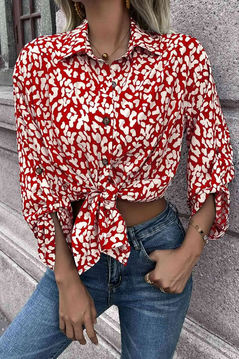 Double Take Leopard Roll-Tap Sleeve Shirt (3 Colors)