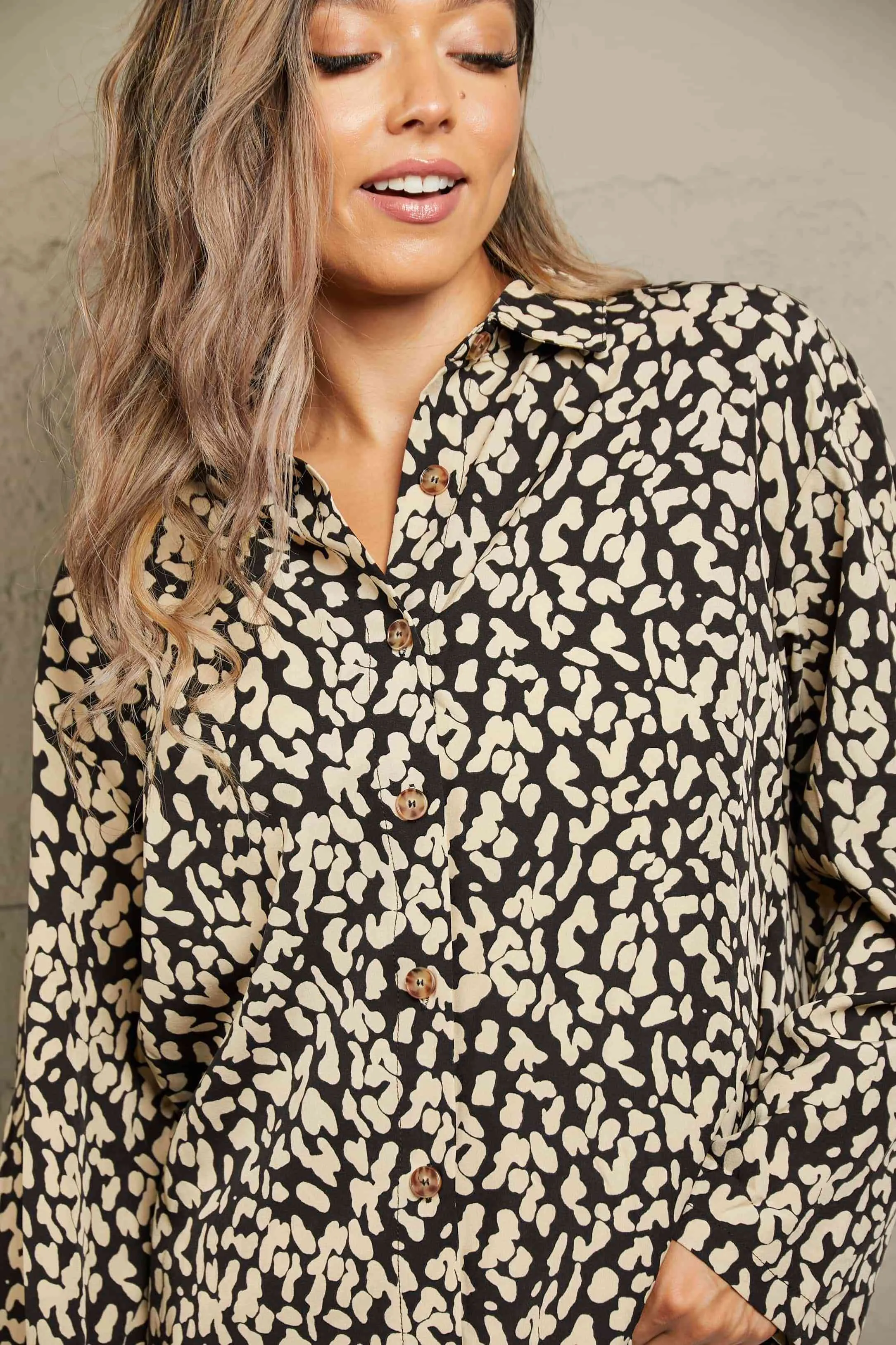 Double Take Leopard Roll-Tap Sleeve Shirt (3 Colors)