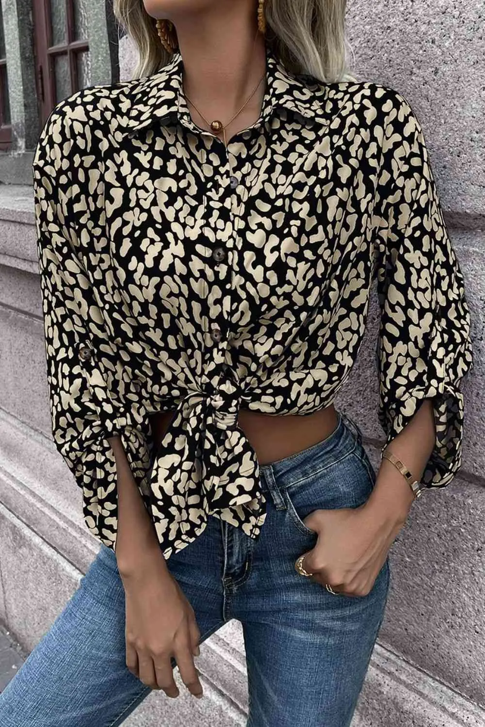 Double Take Leopard Roll-Tap Sleeve Shirt (3 Colors)