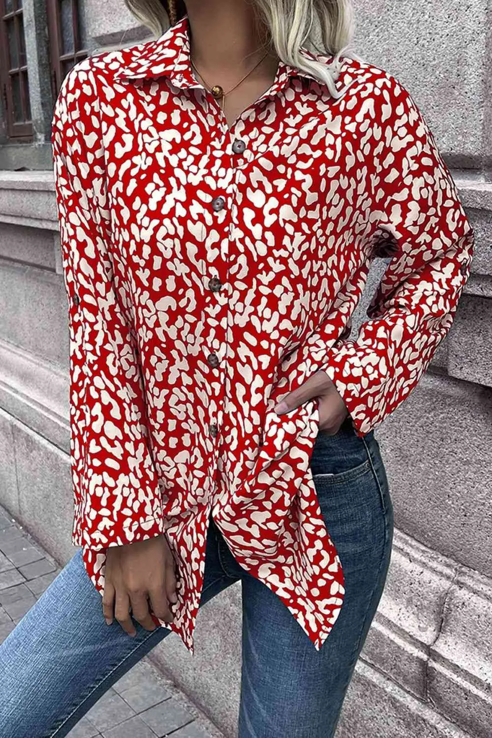 Double Take Leopard Roll-Tap Sleeve Shirt (3 Colors)
