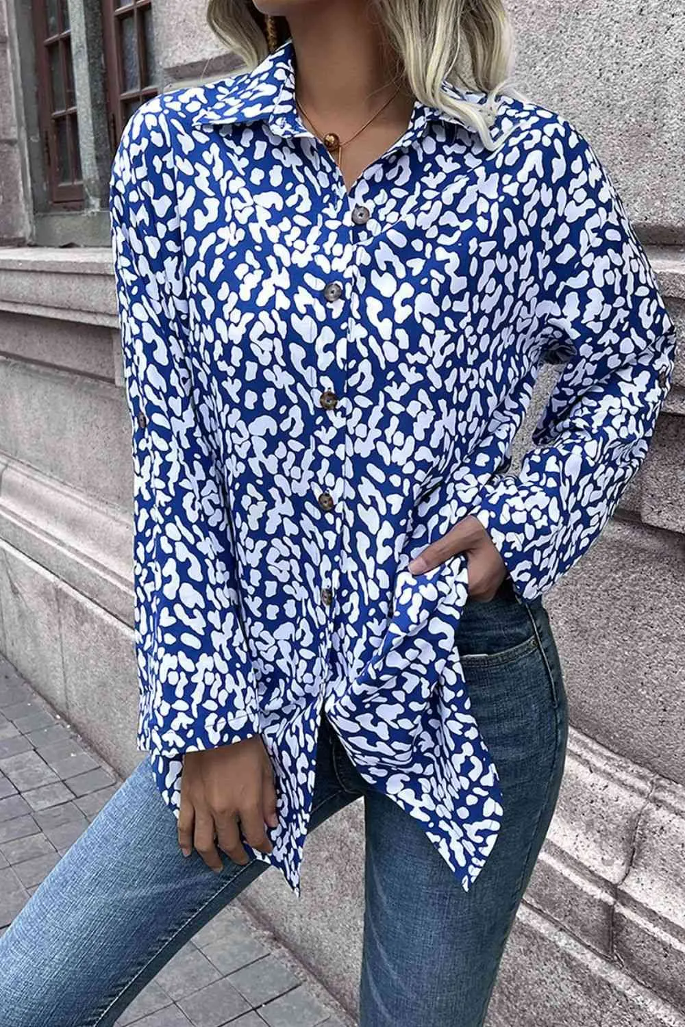 Double Take Leopard Roll-Tap Sleeve Shirt (3 Colors)