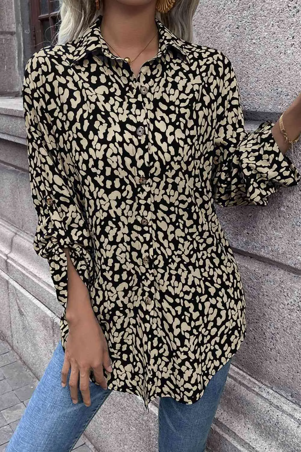 Double Take Leopard Roll-Tap Sleeve Shirt (3 Colors)