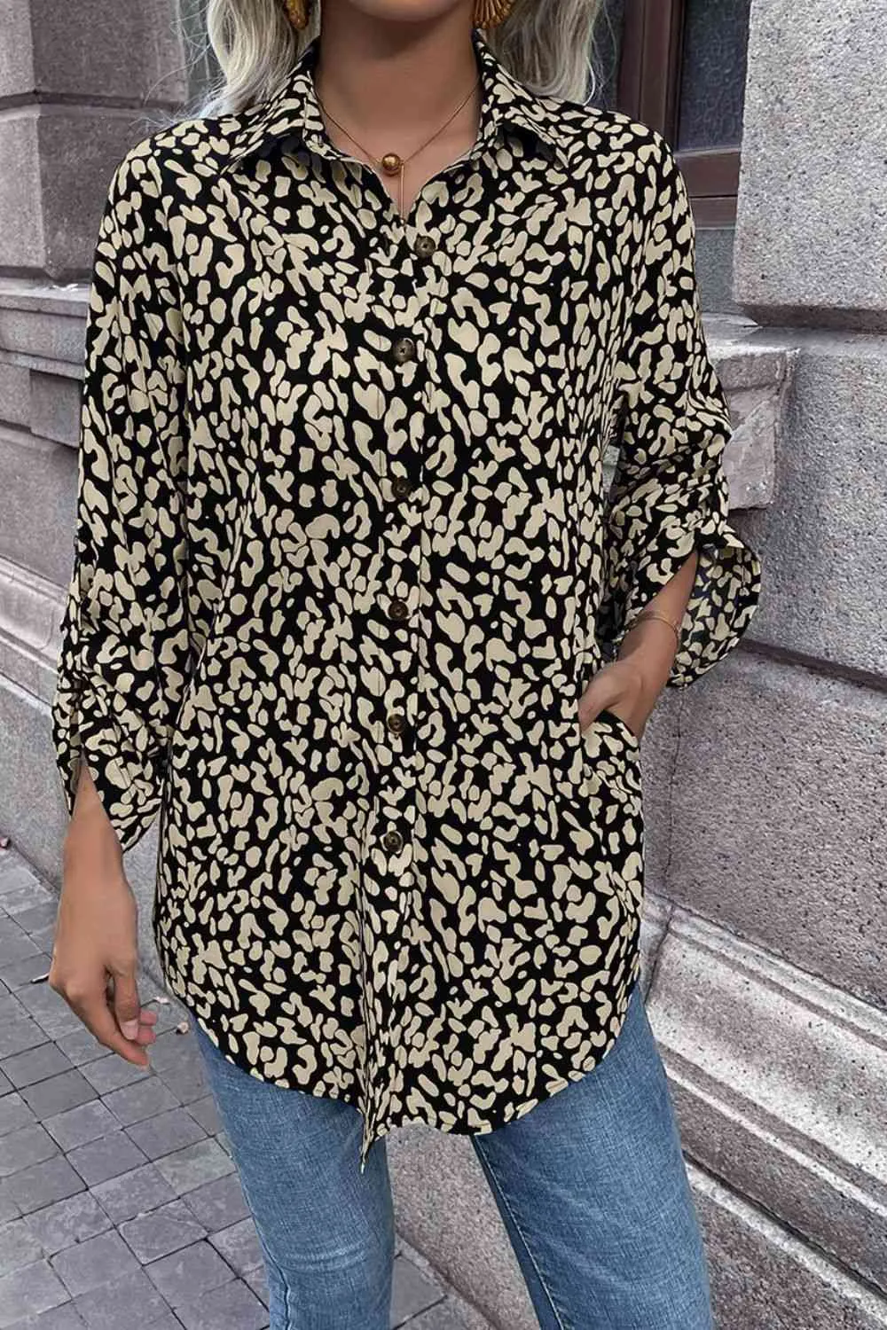 Double Take Leopard Roll-Tap Sleeve Shirt (3 Colors)