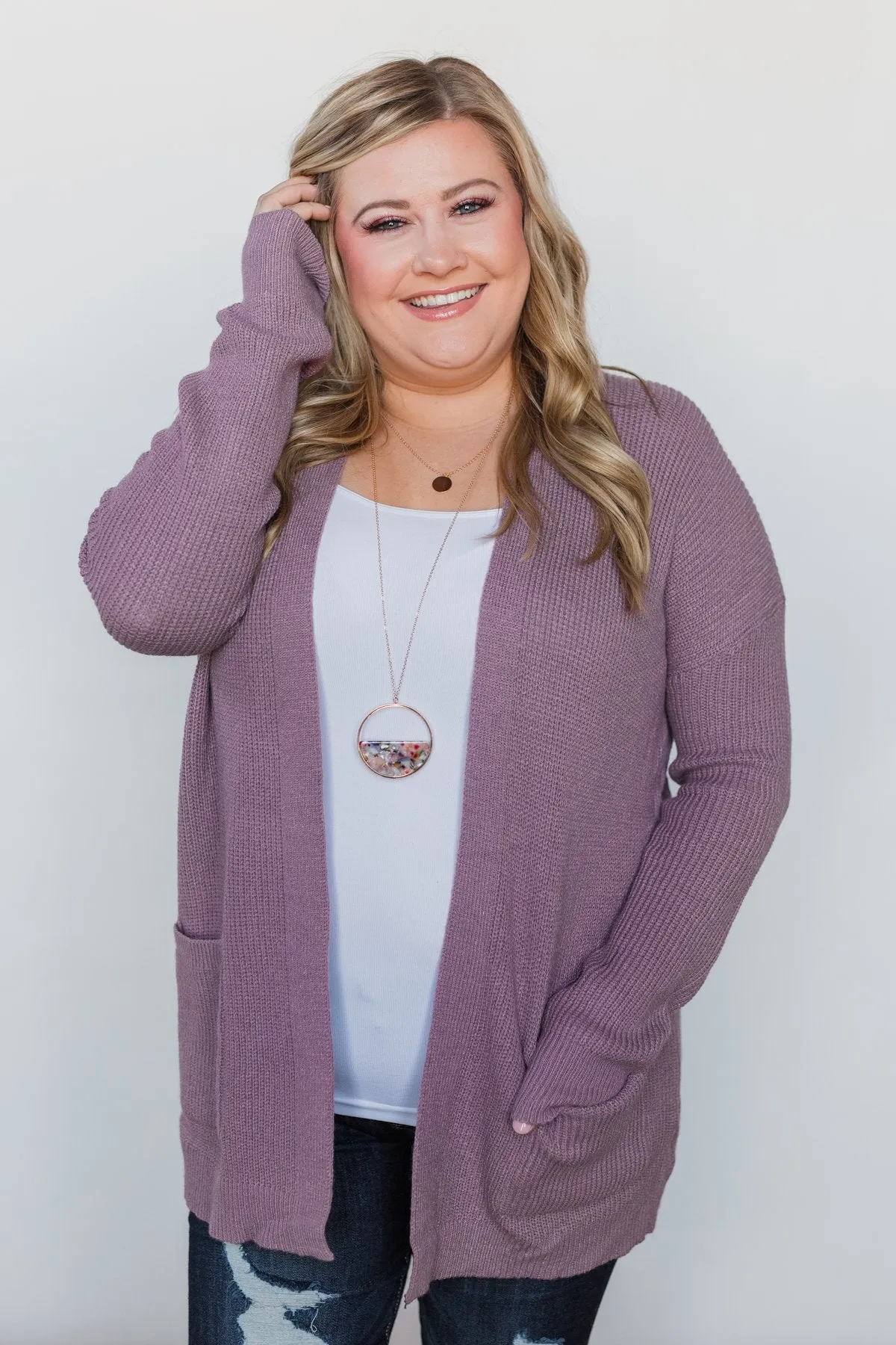 Drop Shoulder Knit Cardigan - Dark Lavender