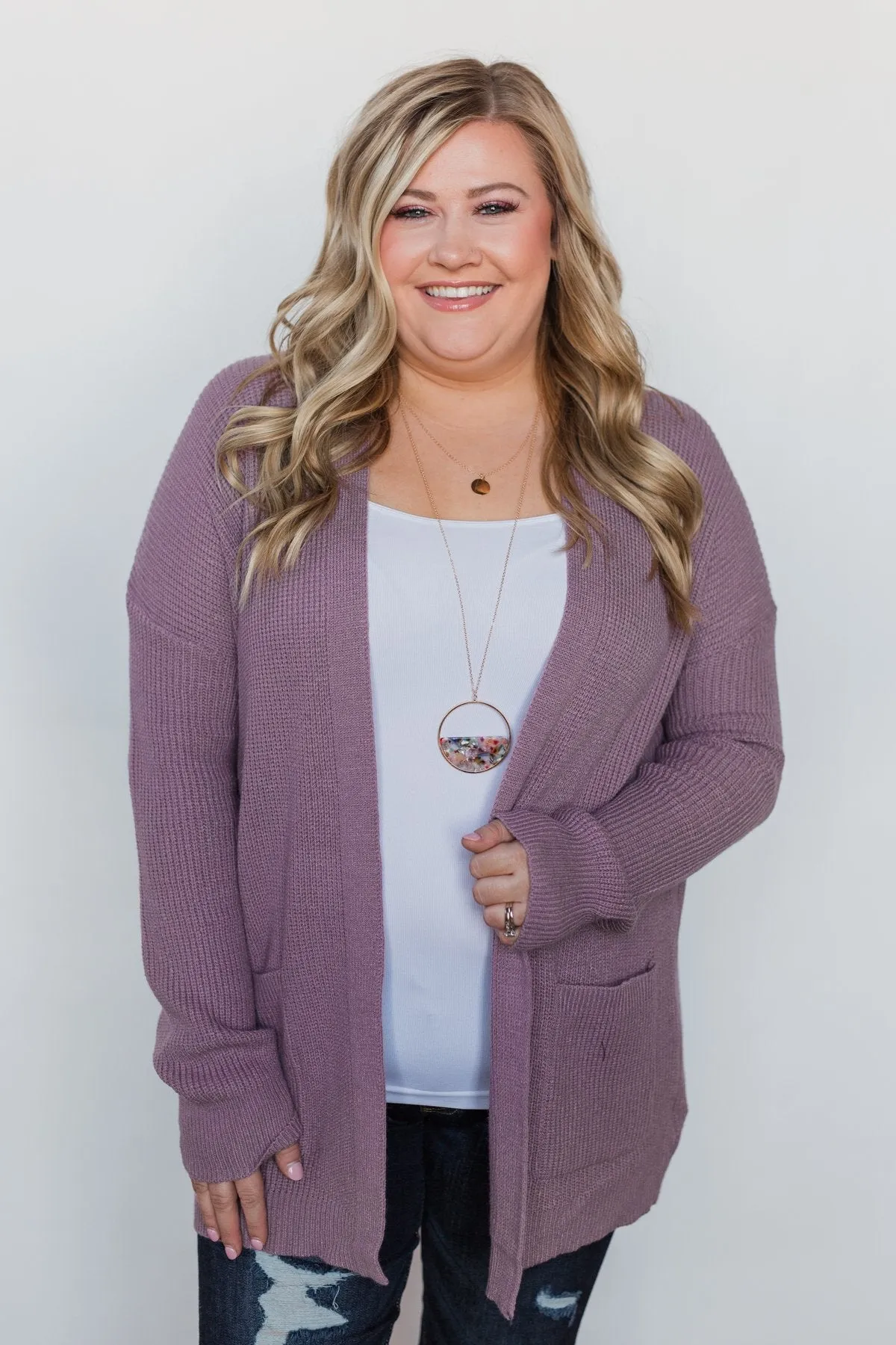 Drop Shoulder Knit Cardigan - Dark Lavender