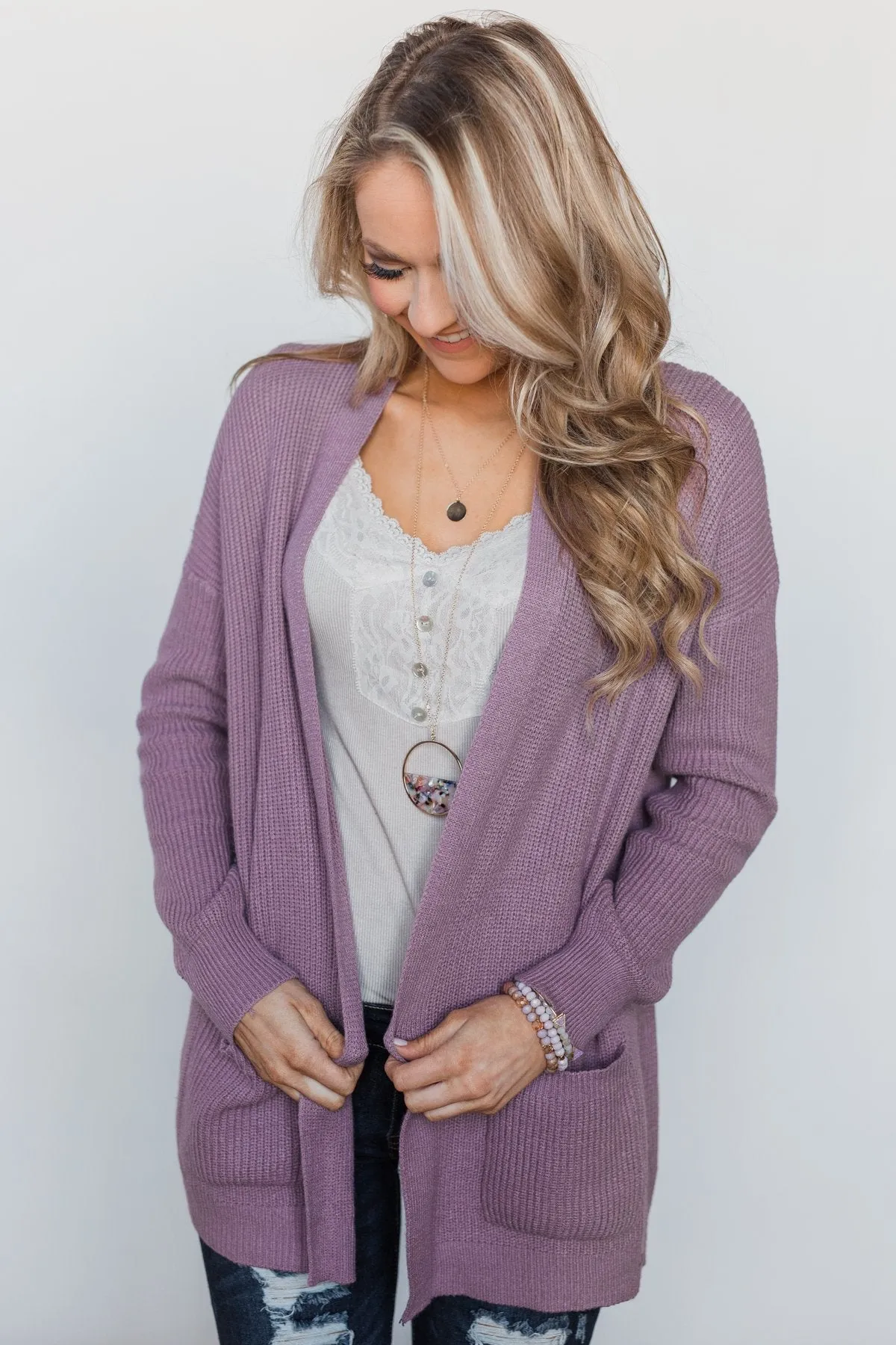 Drop Shoulder Knit Cardigan - Dark Lavender