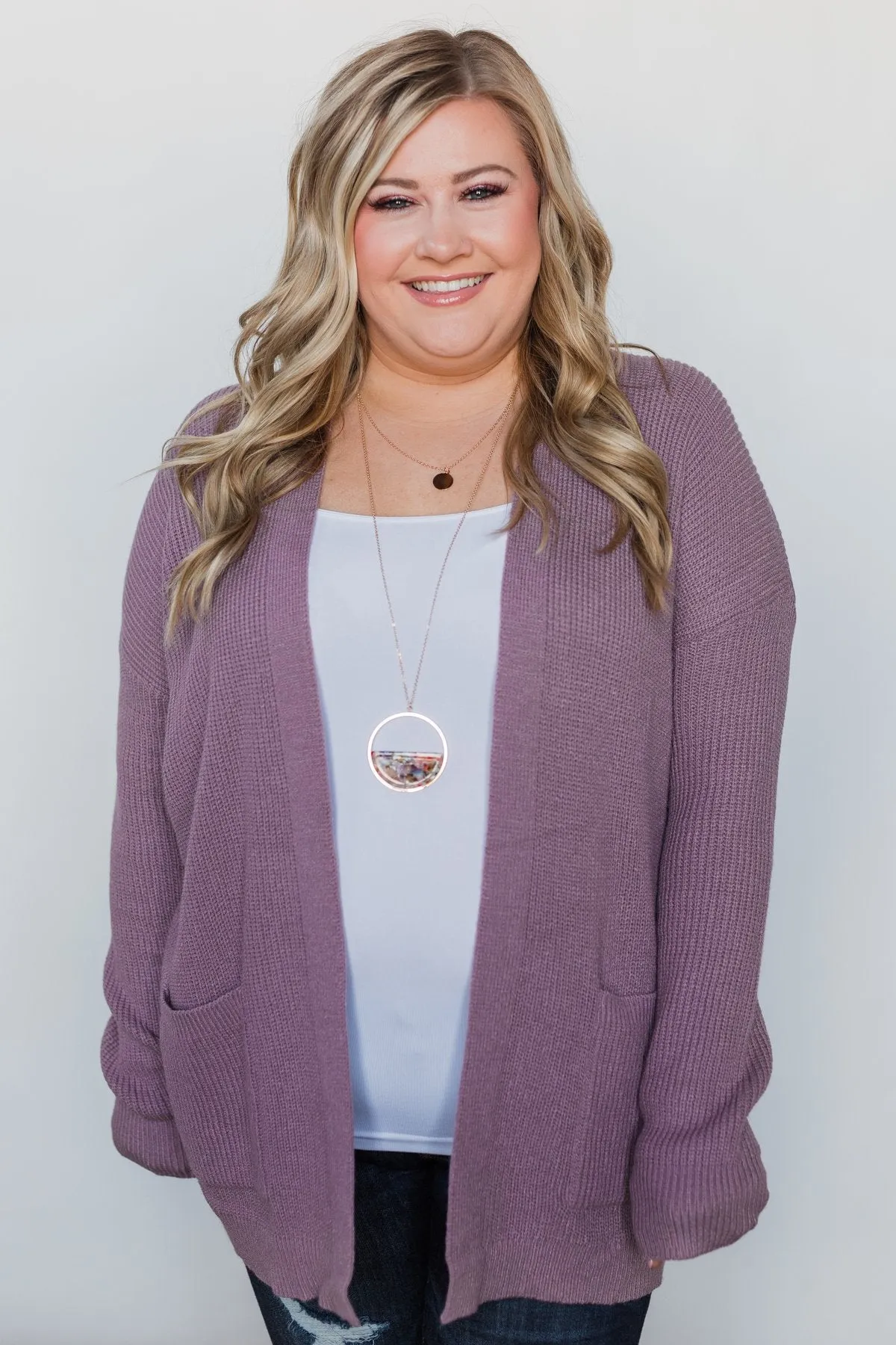 Drop Shoulder Knit Cardigan - Dark Lavender