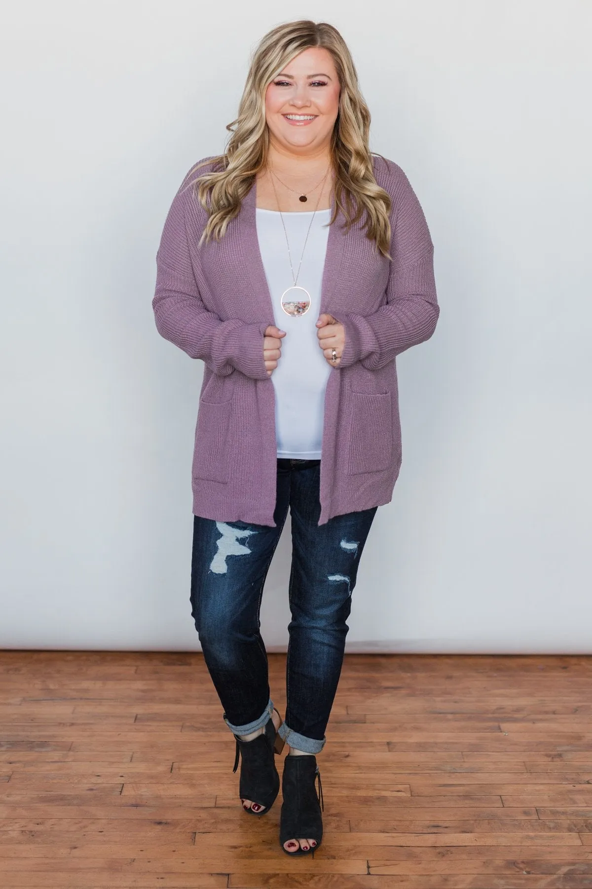 Drop Shoulder Knit Cardigan - Dark Lavender