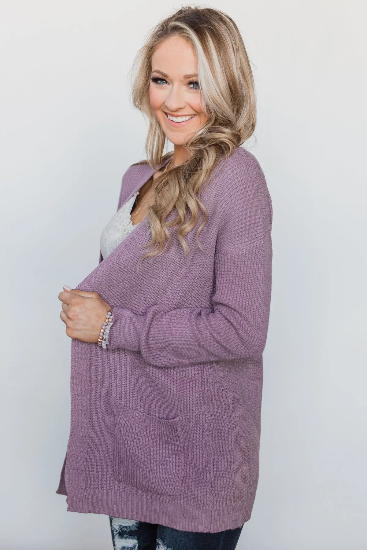 Drop Shoulder Knit Cardigan - Dark Lavender