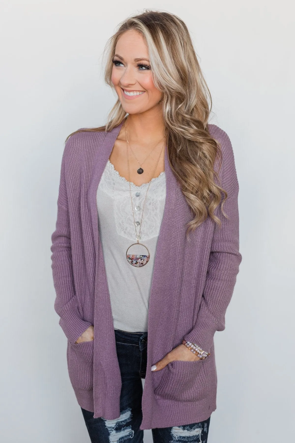 Drop Shoulder Knit Cardigan - Dark Lavender