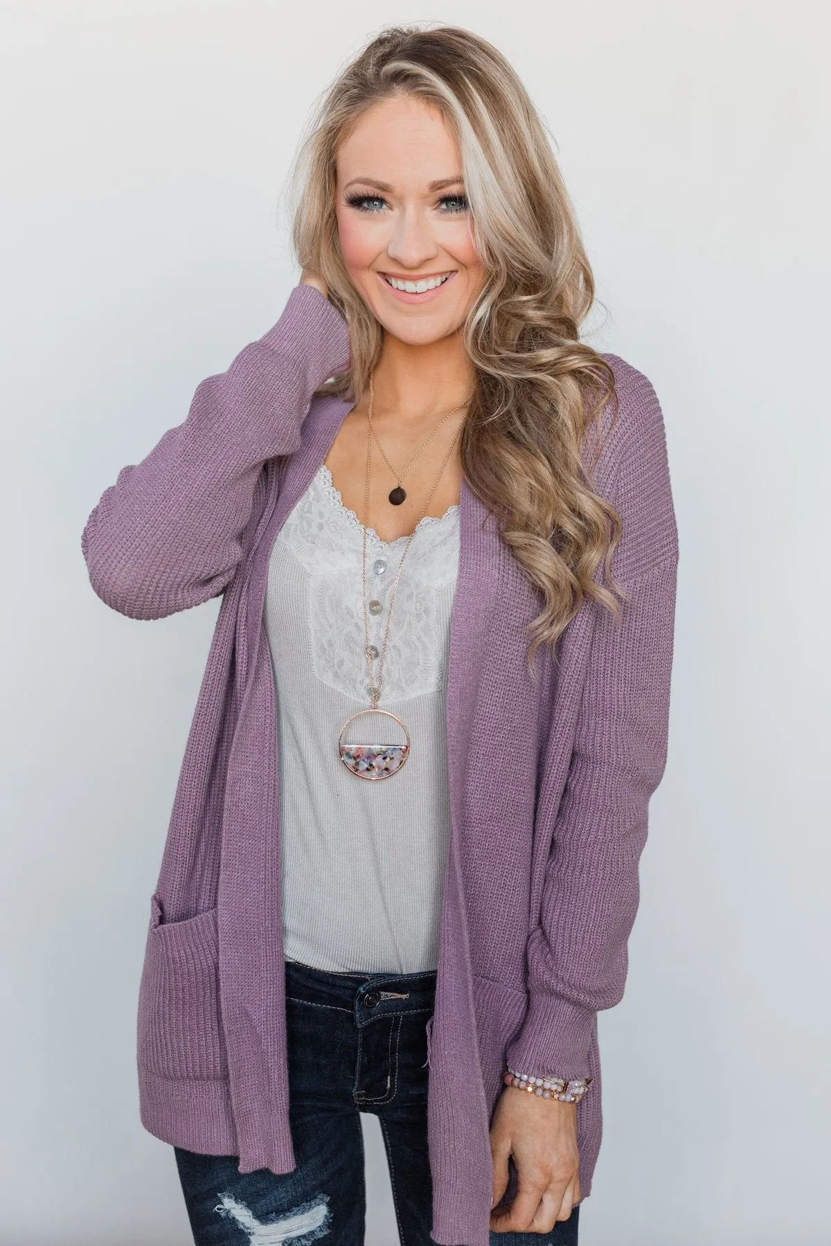Drop Shoulder Knit Cardigan - Dark Lavender