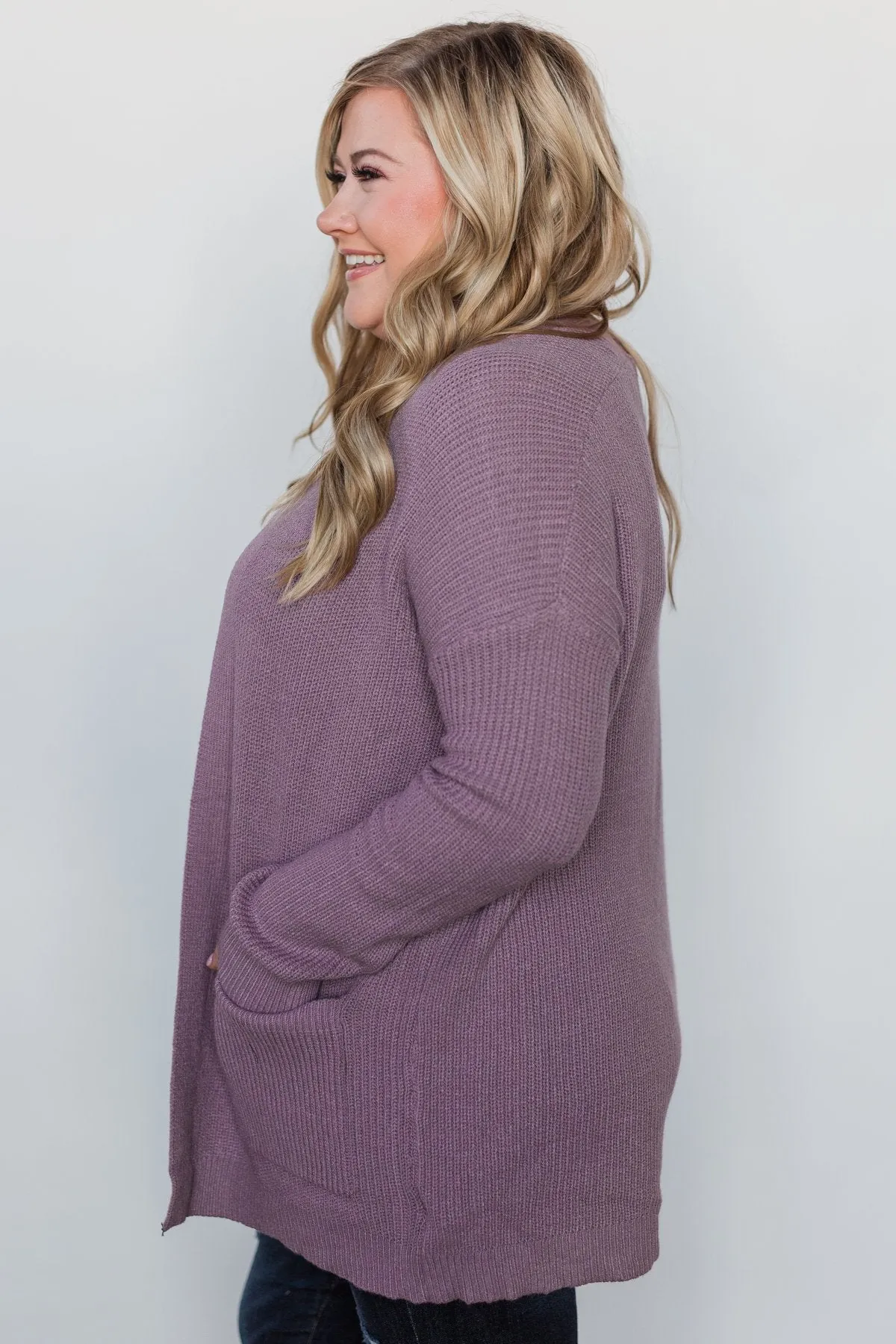Drop Shoulder Knit Cardigan - Dark Lavender