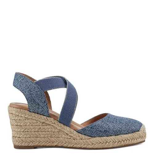 Easy Spirit Women's Meza Espadrille Wedge Sandal, Blue/Gold, 6