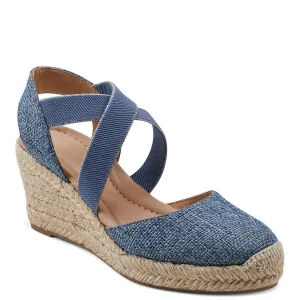 Easy Spirit Women's Meza Espadrille Wedge Sandal, Blue/Gold, 6