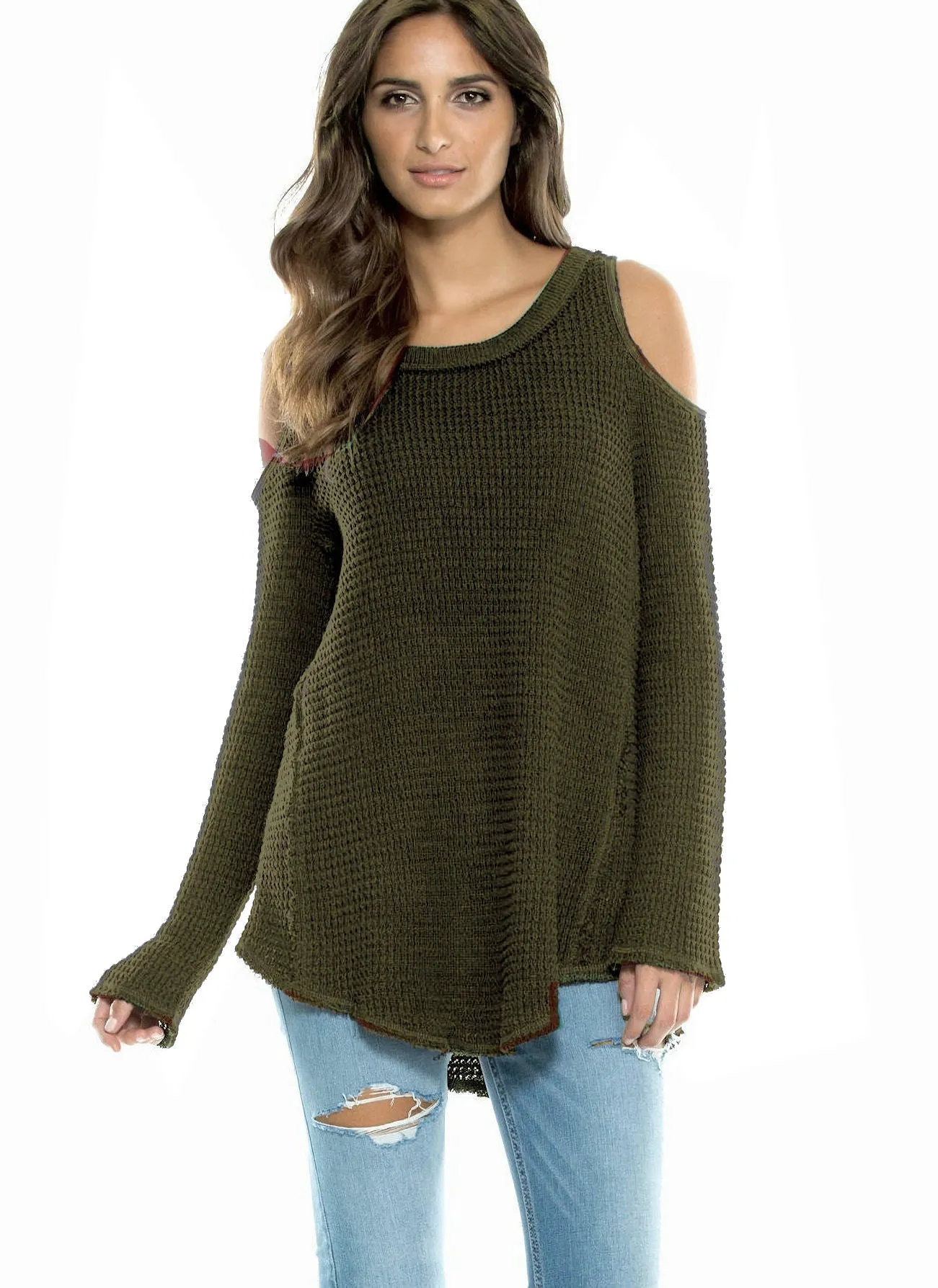 Elan Sweater Cold Shoulder Cotton Waffle Knit Tunic Length