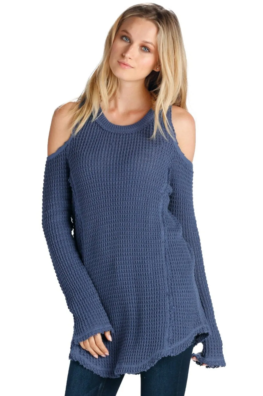 Elan Sweater Cold Shoulder Cotton Waffle Knit Tunic Length