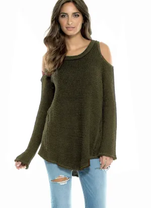 Elan Sweater Cold Shoulder Cotton Waffle Knit Tunic Length