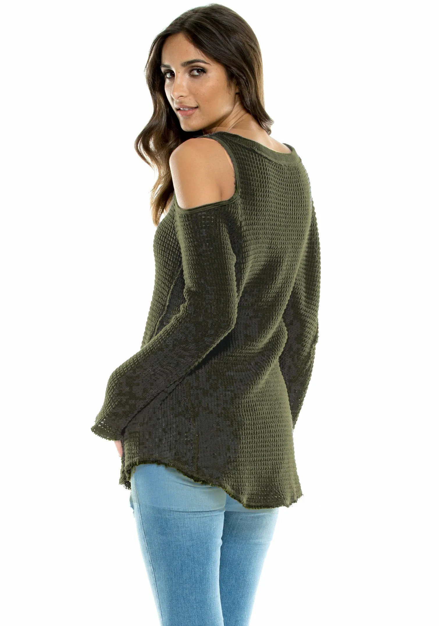 Elan Sweater Cold Shoulder Cotton Waffle Knit Tunic Length