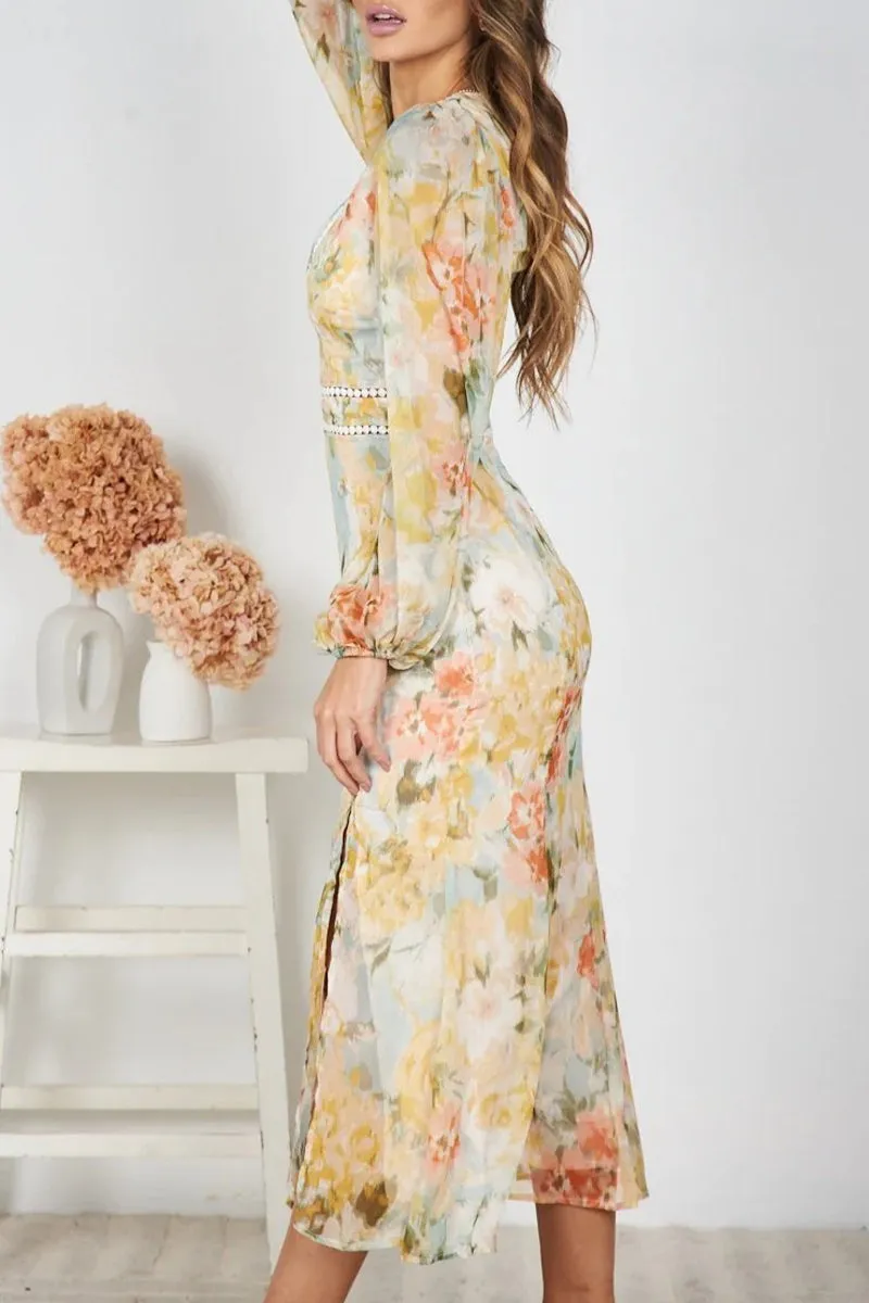 Elegant Floral Patchwork V Neck Irregular Dresses
