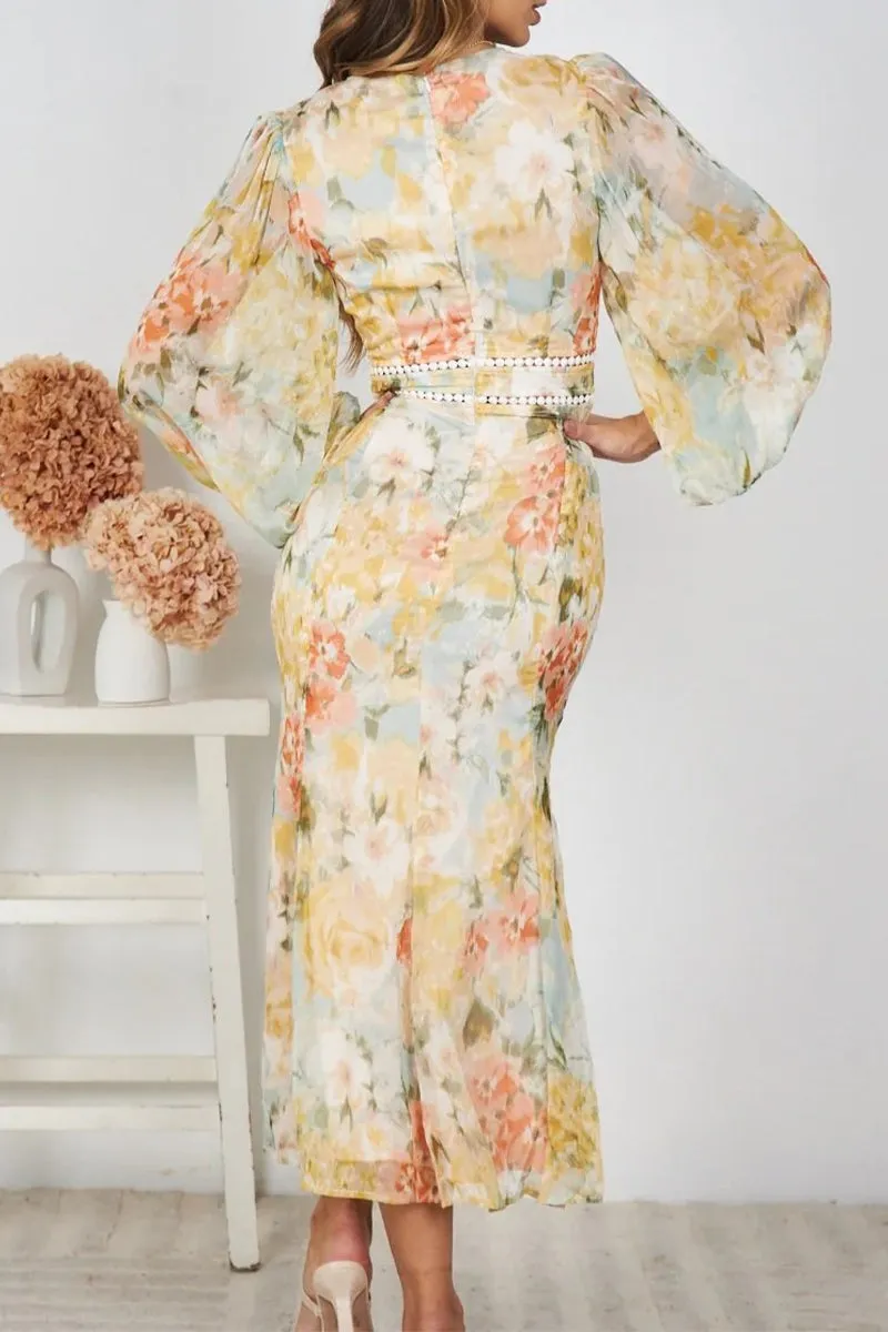 Elegant Floral Patchwork V Neck Irregular Dresses