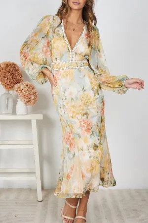 Elegant Floral Patchwork V Neck Irregular Dresses