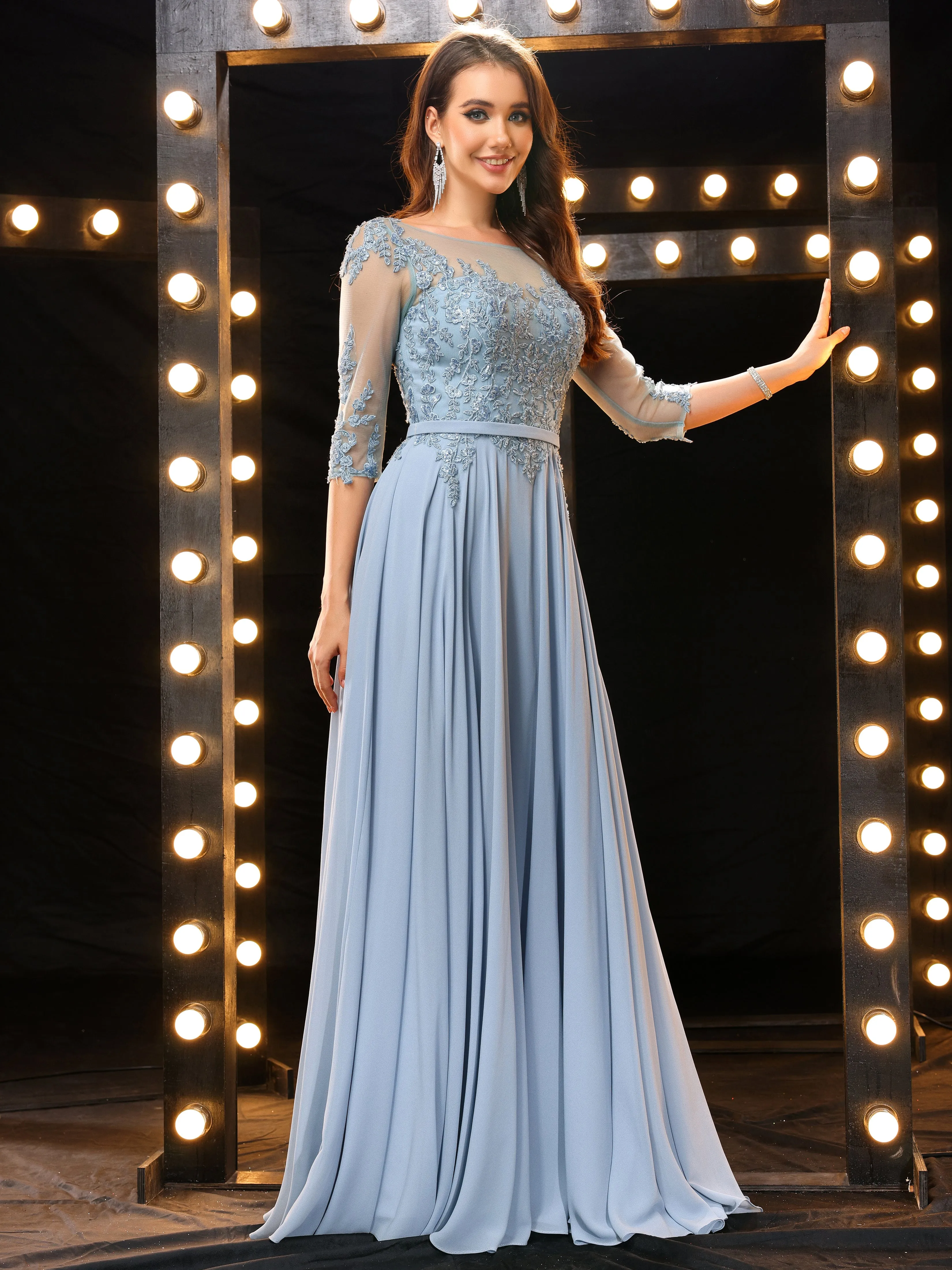 Elegant Half Sleeves Chiffon Long Bridesmaid Dresses