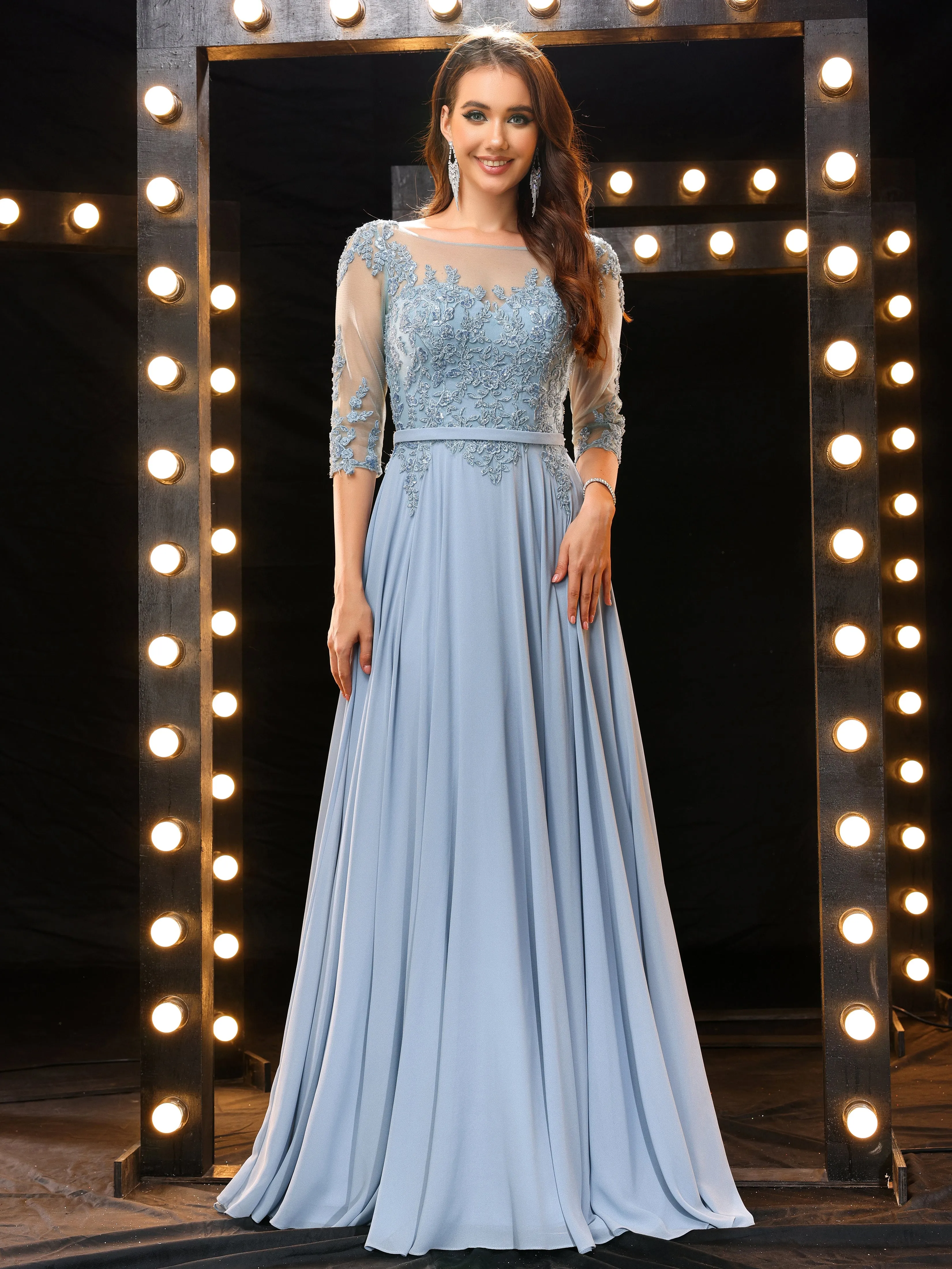 Elegant Half Sleeves Chiffon Long Bridesmaid Dresses