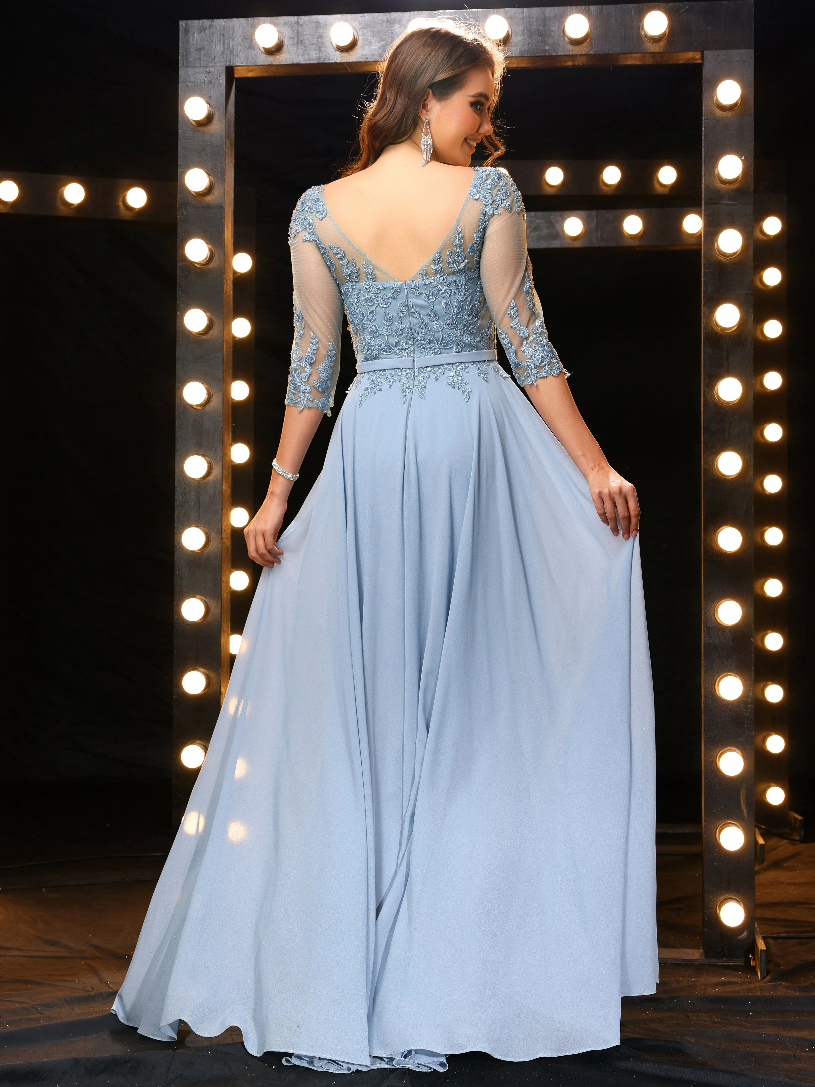 Elegant Half Sleeves Chiffon Long Bridesmaid Dresses