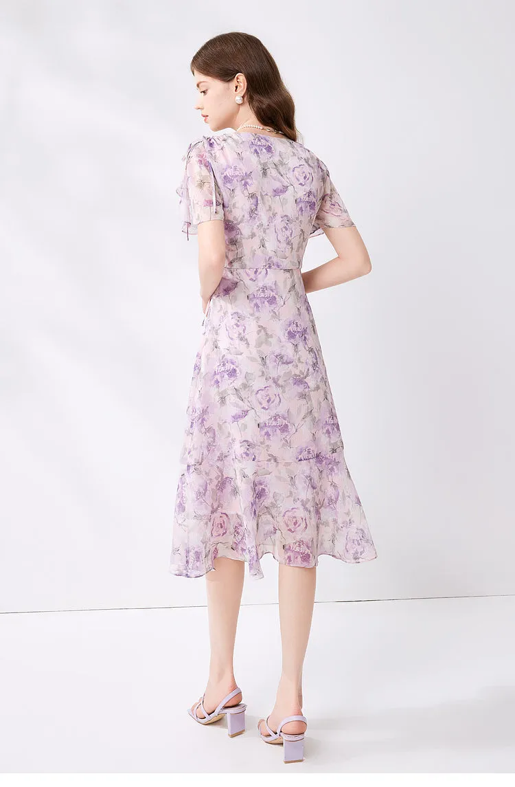 Elegant Pink V Neck Purple Lace Up Chiffon Long Dresses Summer