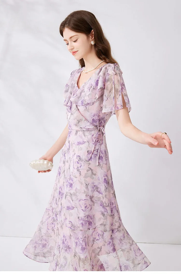Elegant Pink V Neck Purple Lace Up Chiffon Long Dresses Summer