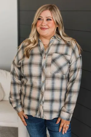Enjoy The Days Plaid Button Top- Beige