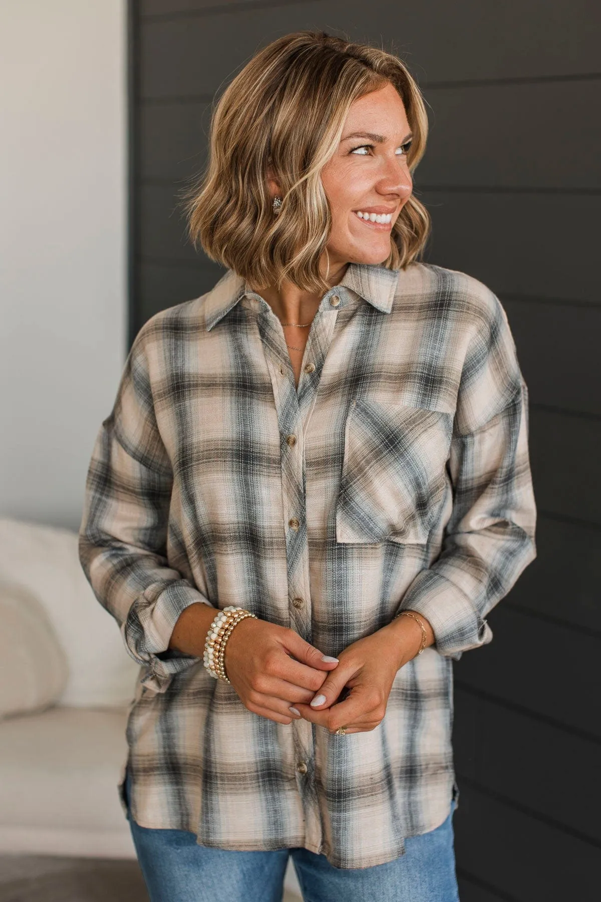 Enjoy The Days Plaid Button Top- Beige