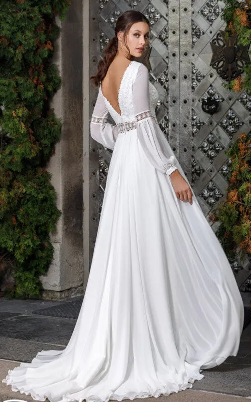 Ethereal A Line Scalloped Neck Chiffon Wedding Dress with Appliques-716350